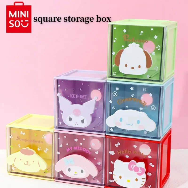 MINISO Sanrio Cinnamoroll Hello Kitty Kulomi Creative Cartoon Cute My Melody Storage Box Drawer Stackable Square Dressing Table