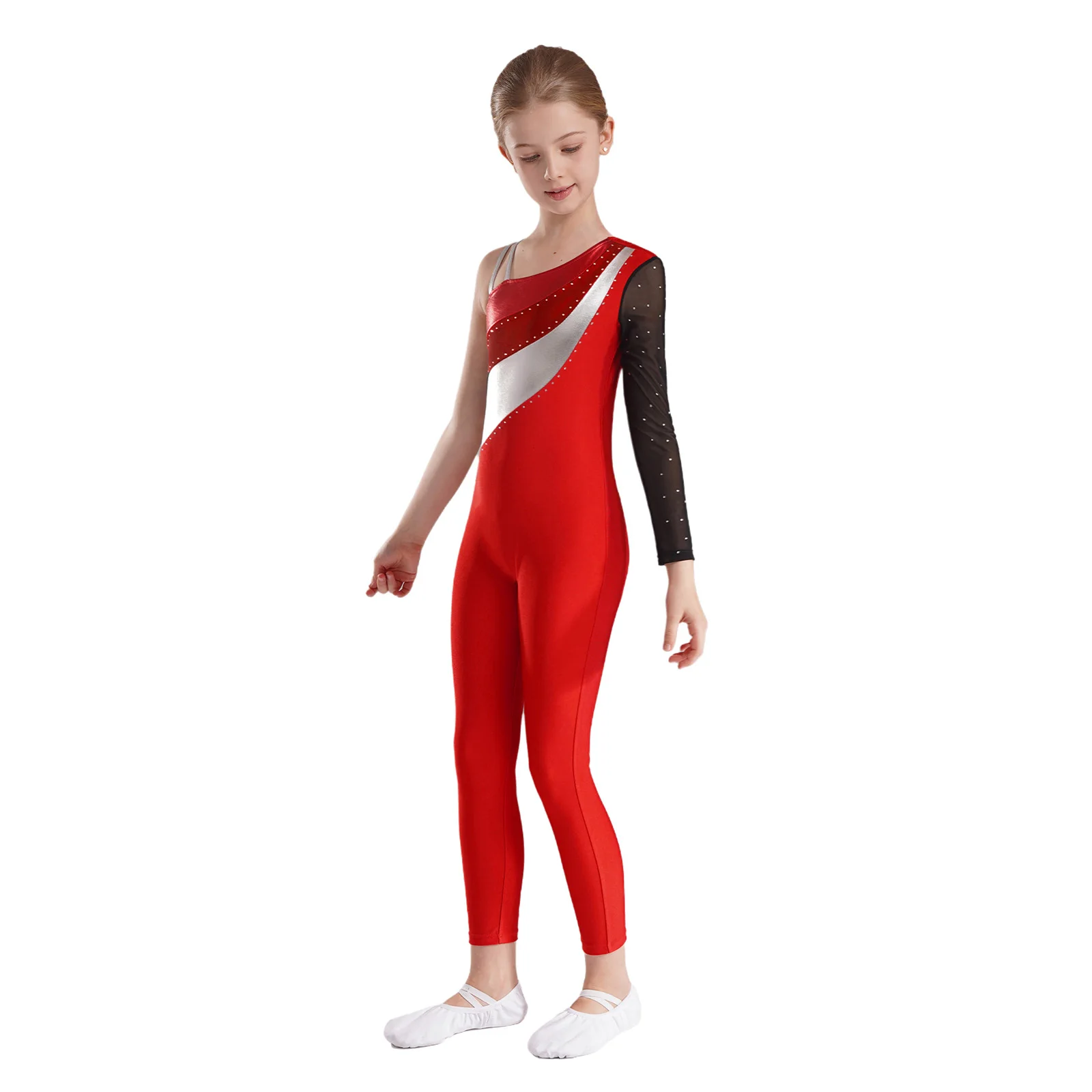 One Shoulder Gymnastics Full Body Jumpsuit Kids Girls Sports Bodysuit Rhinestone Jersey Backless Ballet Performance Dancewear