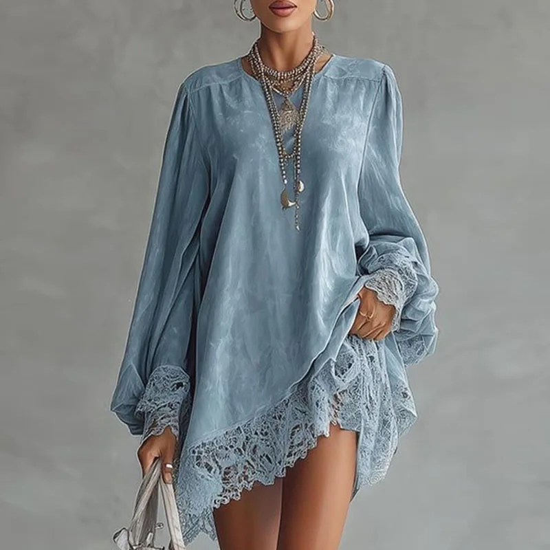 Abito da donna sexy con scollo a V patchwork in pizzo Abito da festa primaverile elegante solido allentato Mini abito autunno manica lunga A-Line Boho Dress Vestidos