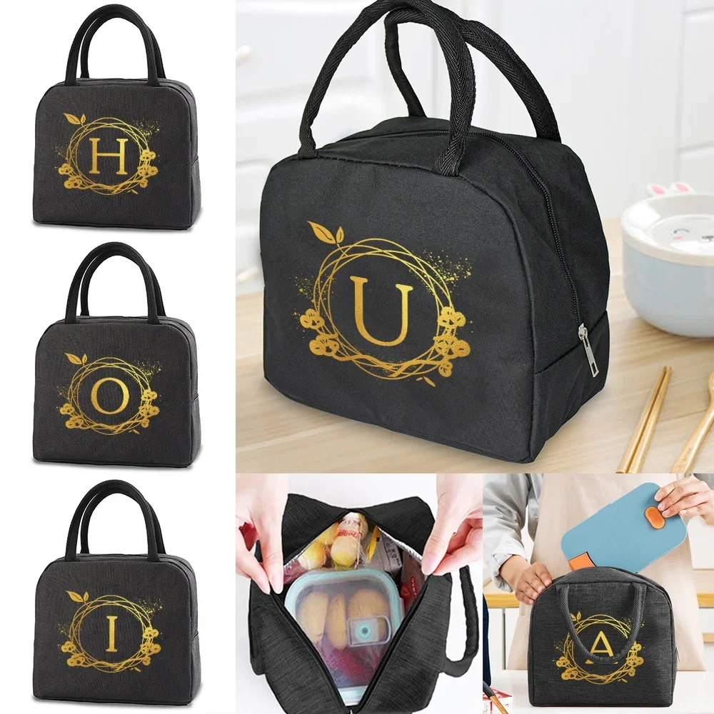 Lunch Tote Bag Reinforced Handles Smooth Zipper Wreath Letter Printing Wipeable Inner for Office Travel Daily Meal Use Unisex