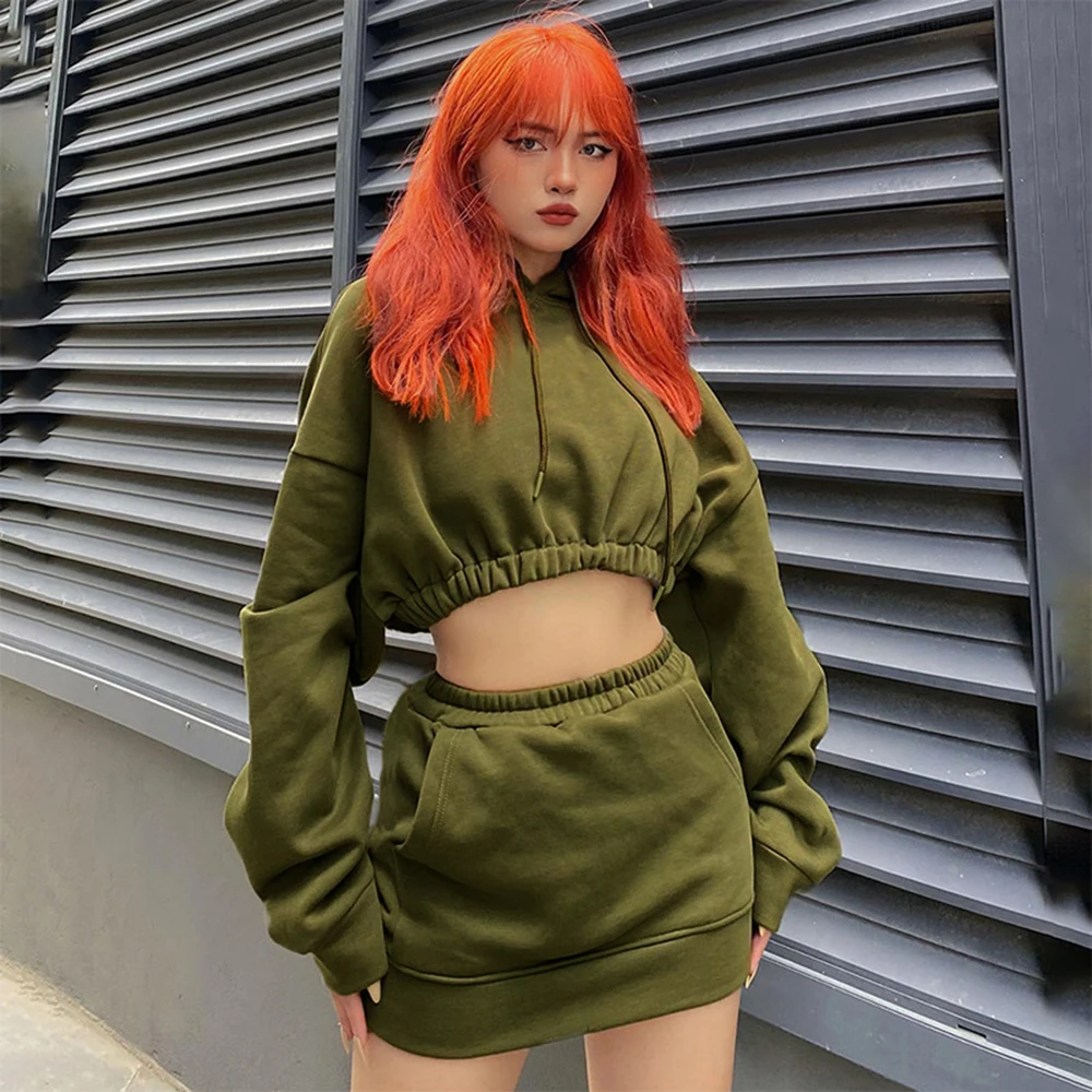 Fashion Military Green 2piece Set Women Street Trend Cool Spicy Girl Short Hooded Pullover+Elastic Short Skirt Women Clothing