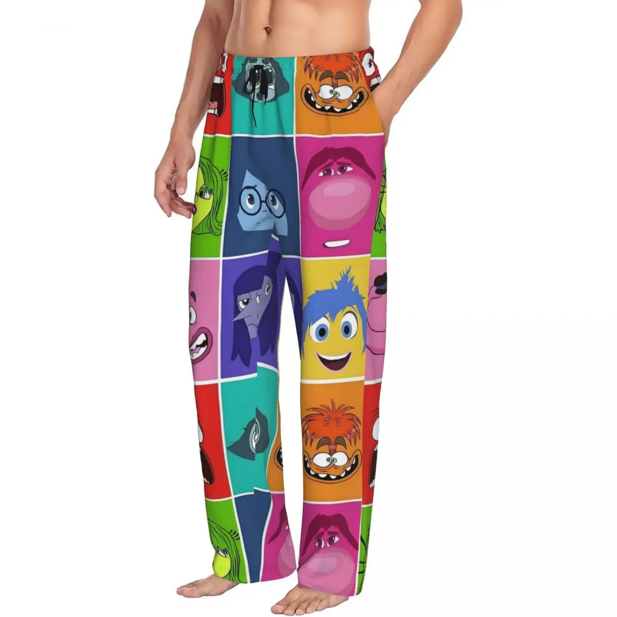 メンズ用カスタムインサイドアウトパジャマパンツ、伸縮性ウエストバンド、ファンタジーアニメーション、ポケット付きスリープラウンジボトムス