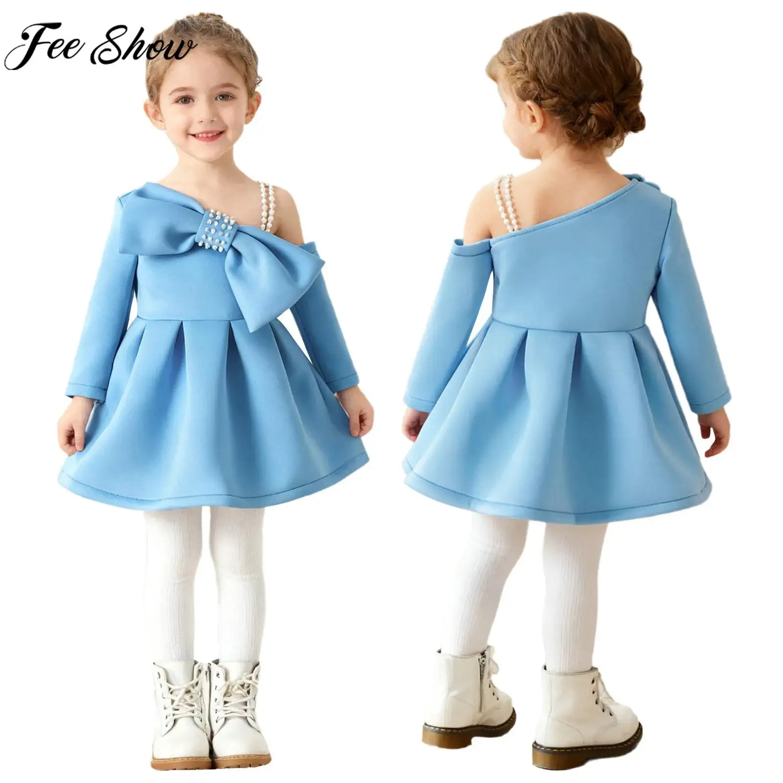 Infant Girls Wedding Birthday Party Princess Dress One Shoulder Sweet Big Bow Artificial Pearls Ball Gown Christmas Pageant Tutu