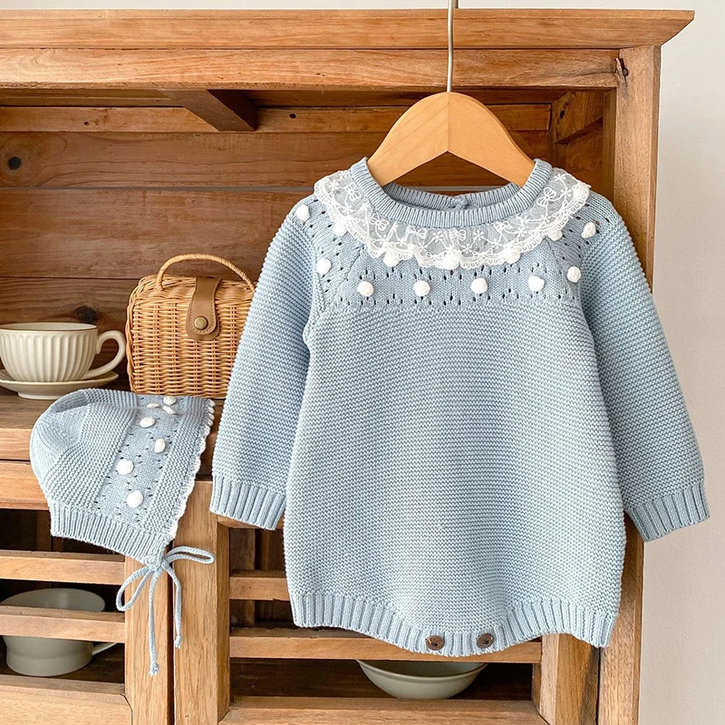 

Autumn Newborn Rompers Baby Girls Long Sleeves Lace Collar Knit Sweater Rompers Children Jumpsuit Infant Cute Kids Baby Clothes