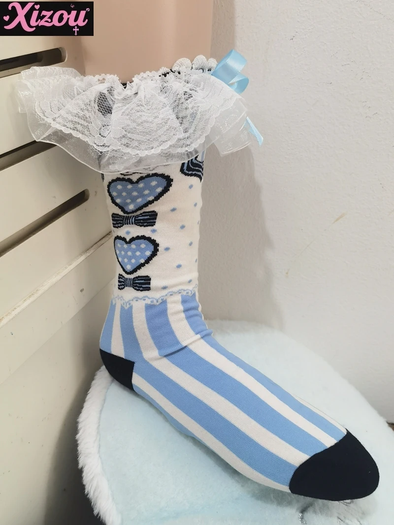 Japanese Original Rhombus Lolita Mid-tube Cotton Socks Alice College Style Versatile Blue and White Love Calf Socks Princess