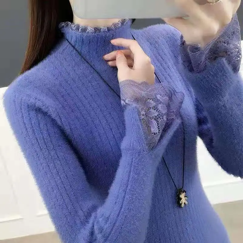 Elegant Half High Collar Knitted Spliced All-match Lace Sweaters Women\'s Clothing 2022 Autumn New Casual Pullovers Korean Tops