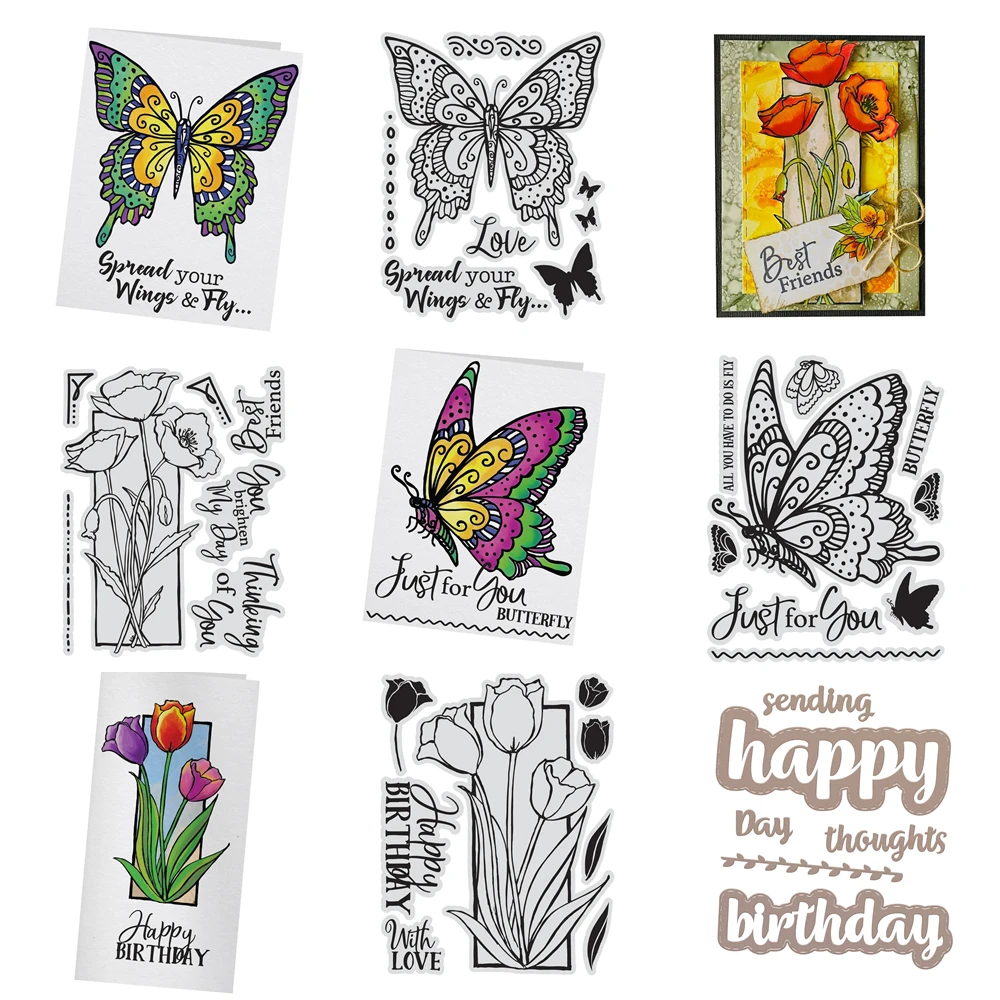 

Clear Stamps Scrapbooking Paper Making Butterfly Flower Tulip Celebration Spring Birthday Words Cutting Dies Frames Card Craft