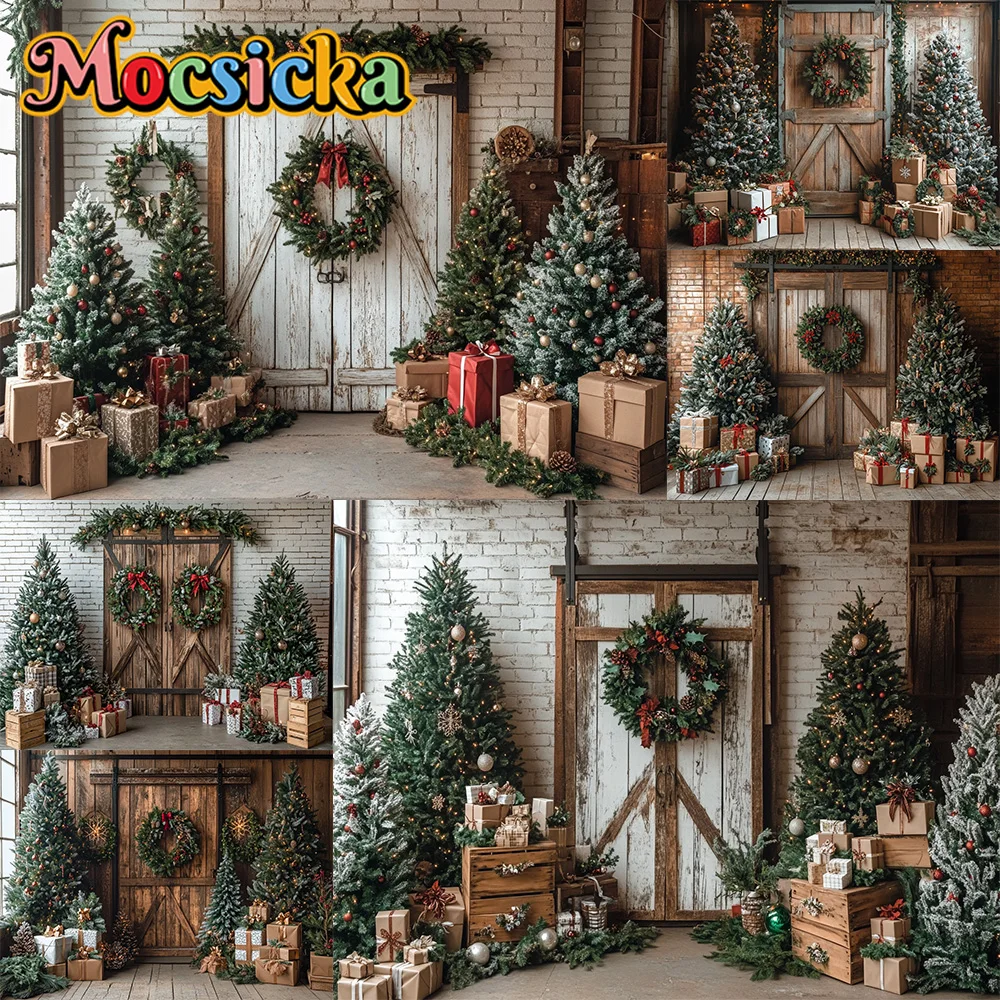 Mocsicka 写真撮影の背景 クリスマスルーム ツリードア リース 装飾背景 家族 子供 クリスマス ホリデー パーティー プロム スタジオ