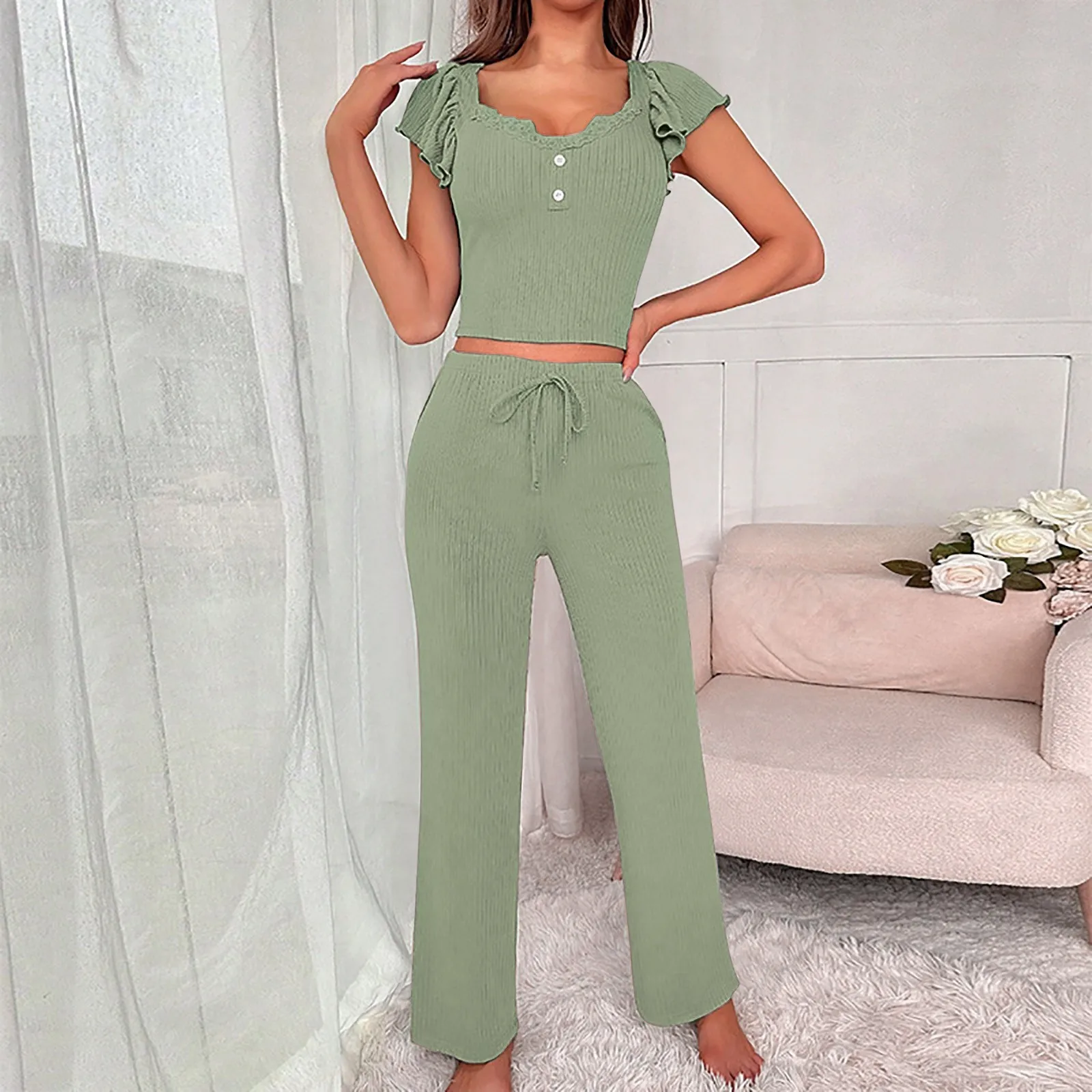 Conjunto casual de pijama de duas peças feminino, top curto, manga curta, laço solto, calça de perna larga, roupa de casa, cor sólida