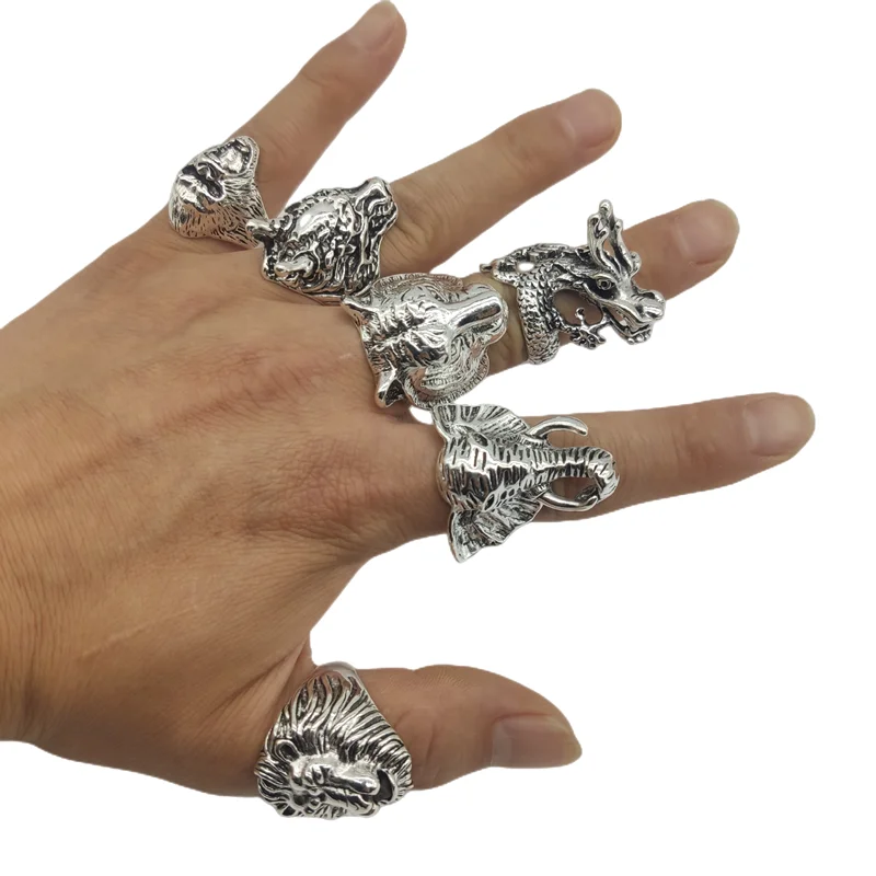 30pcs/Lot Wholesale Animal Finger Rings For Men Big Lion Elephant Alloy Weight Antique Male Rock Ring Leopard Spider Party Bar