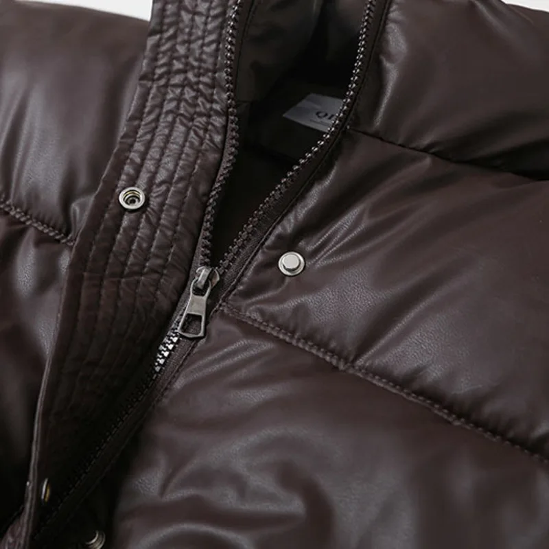 HKSH Winter New Women's Cotton-padded Coat PU Leather Stand Collar Pocket Solid Color Elegant Casual Thicken Warm Jacket HK17761