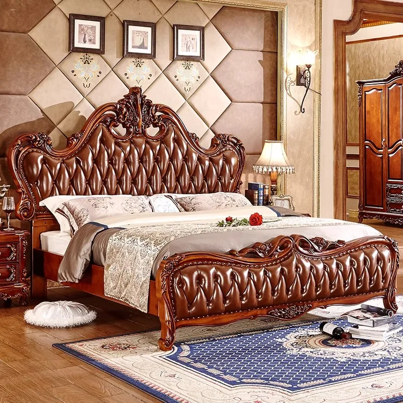 

European Style Solid Wood Leather Tufted Bed with Soft Bag Backrest 1.8-meter Retro Color Twin Bed-Furniture Bedroom