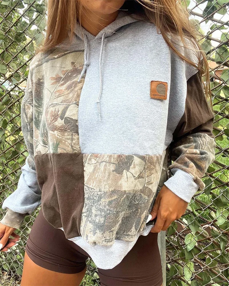 Women's Fashion Loose Long Sleeved Hooded Drawstring Pocket Hoodie Patchwork Print Top Hoodies Autumn Winter Casual Sweatshirt
