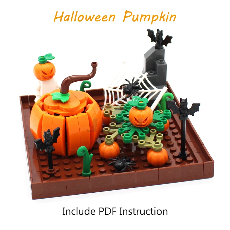 Halloween children's block toy Gift MOC Pumpkin Scene Model Vampire square head Cemetery model Cross coffin bat Spider Skull Man