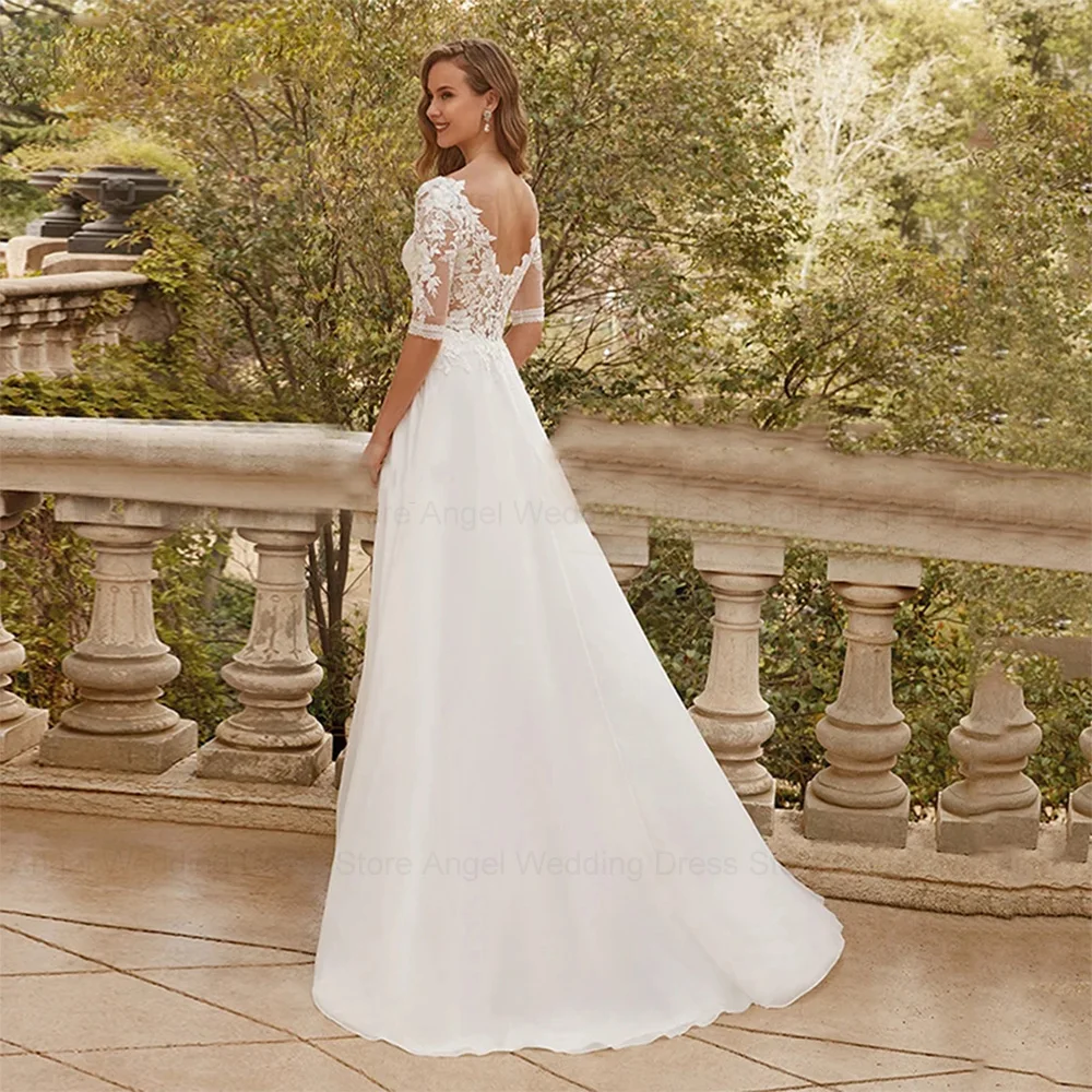 ANGEL Customized Elegant Bridal Dresses Delicate Lace Appliques Wedding Dress Chiffon Train robe de mariée bohème For Bride