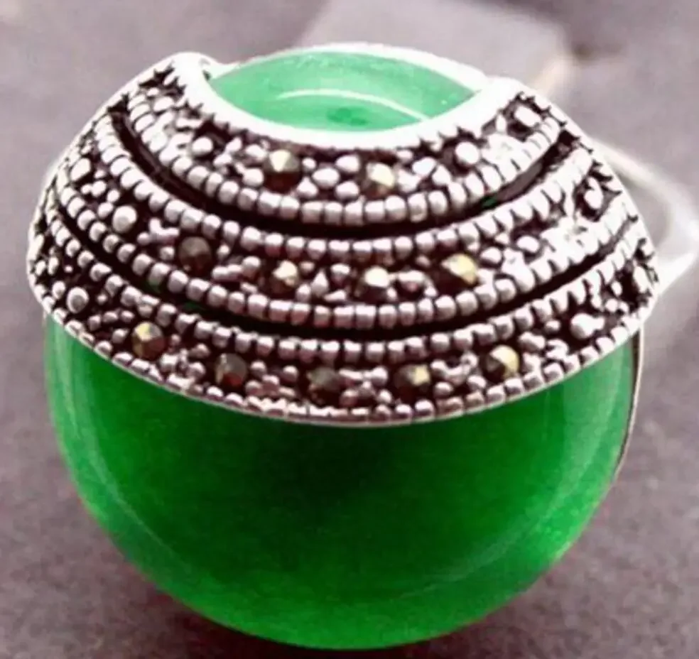 

Fashion jewelry Pretty Natural Coin Green jade 925 Sterling Silver Marcasite Ring Size 7/8/9/10