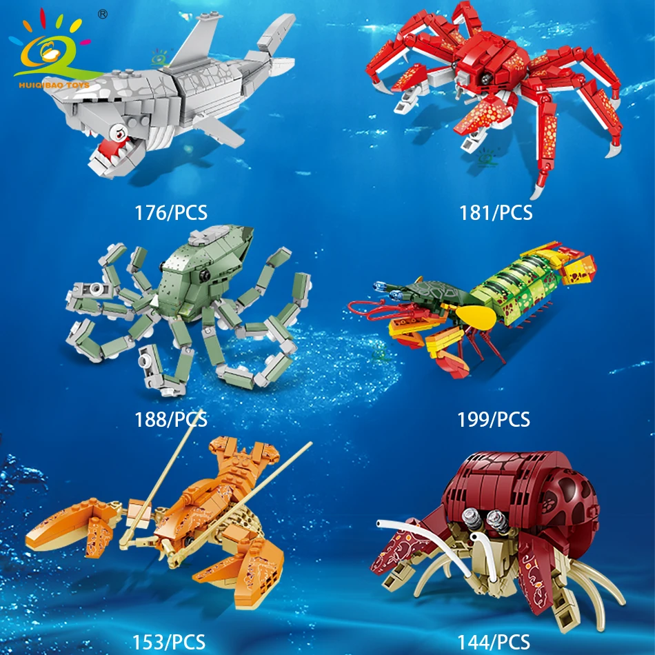 HUIQIBAO Moc Marine Animals Model Building Blocks Fish Shark Octopus City Construction Bricks Set Children Toys for Kids Gift