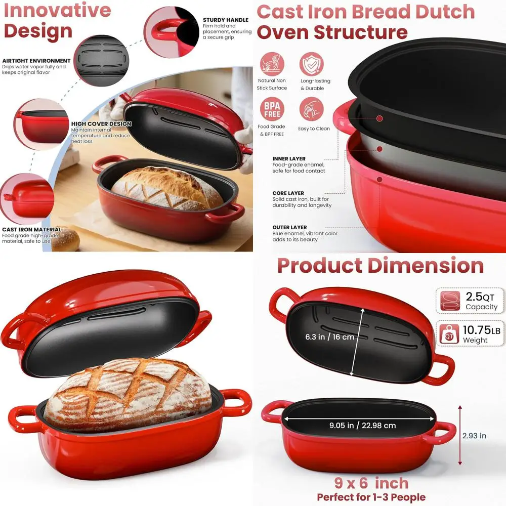 

2.5 Quart Cast Iron Sourdough Bread Baker with Lid, Blue Oval Dutch Oven Pan, Perfect for Homemade Bread, Ideal Gift for Baking