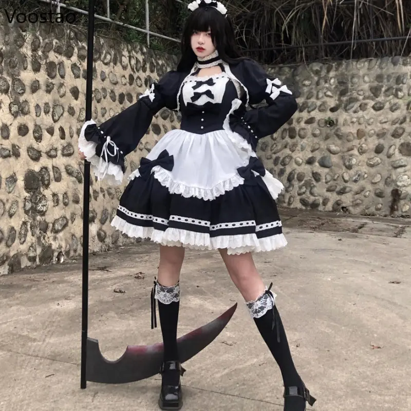 Japanische Gothic Lolita OP Kleid Vintage Mädchen Dark Spitze Rüschen Bogen Maid Party Kleider Frauen Süße Prinzessin Schwarz Weiß Kleid