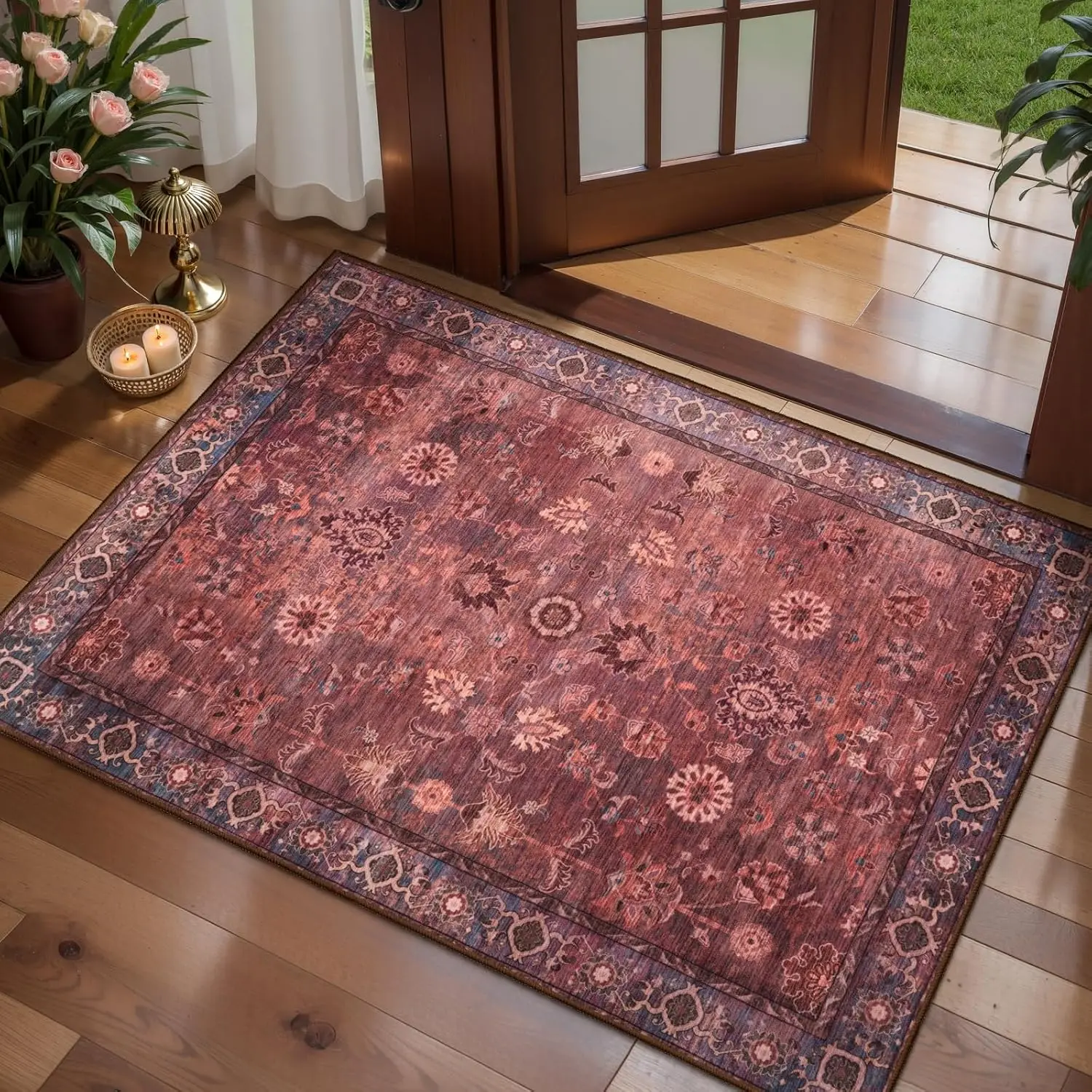 Distressed Rust Red Entryway Rug, Washable Non Slip Vintage Floral Boho Door Mat, Soft Small Carpet for Bedroom Kitchen Foyer