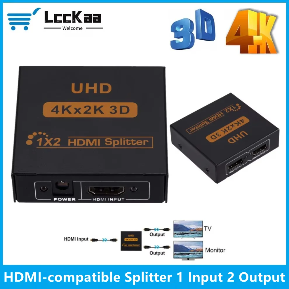 LccKaa Rozdzielacz 1 na 2 wyjścia HDMI UHD 4K 3D Rozdzielacz HDMI 1X2 Rozdzielacz audio-wideo do HDTV DVD Laptop/PC Konsola do gier
