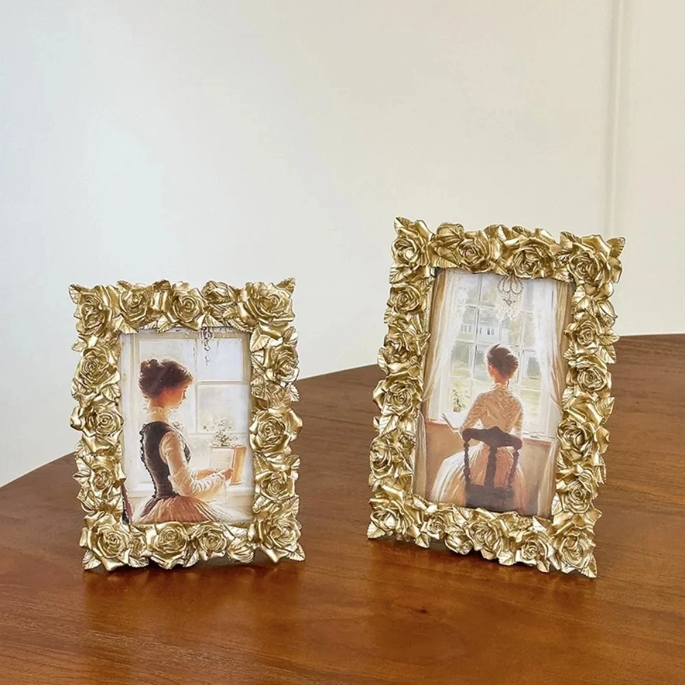 Bilderrahmen im europäischen Stil mit Rosenrand, Retro-Fotorahmen für 5/6/7 Zoll Fotos, Heimdekoration, romantisches Geschenk, Foto-Requisiten, Rahmenornamente