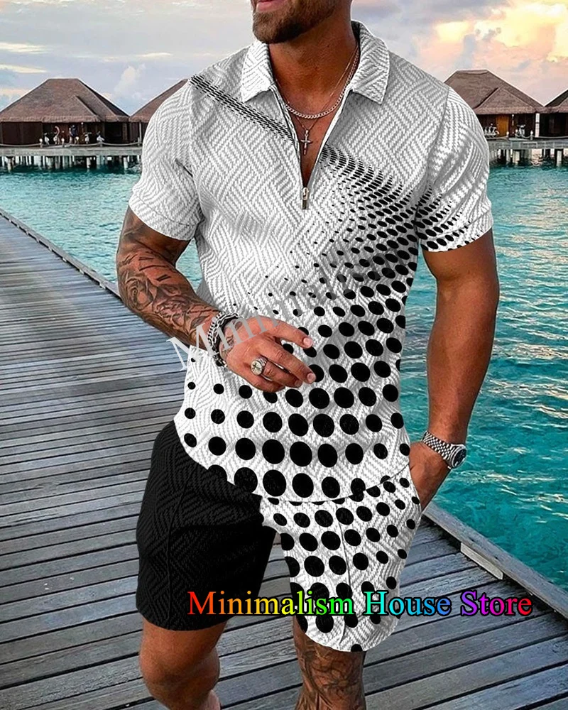 2 Piece Set Outfits Summer Tracksuit For Men 3D Print Short Sleeve Zipper Polo Shirt And Shorts Suit Casual Sports Male Clothes