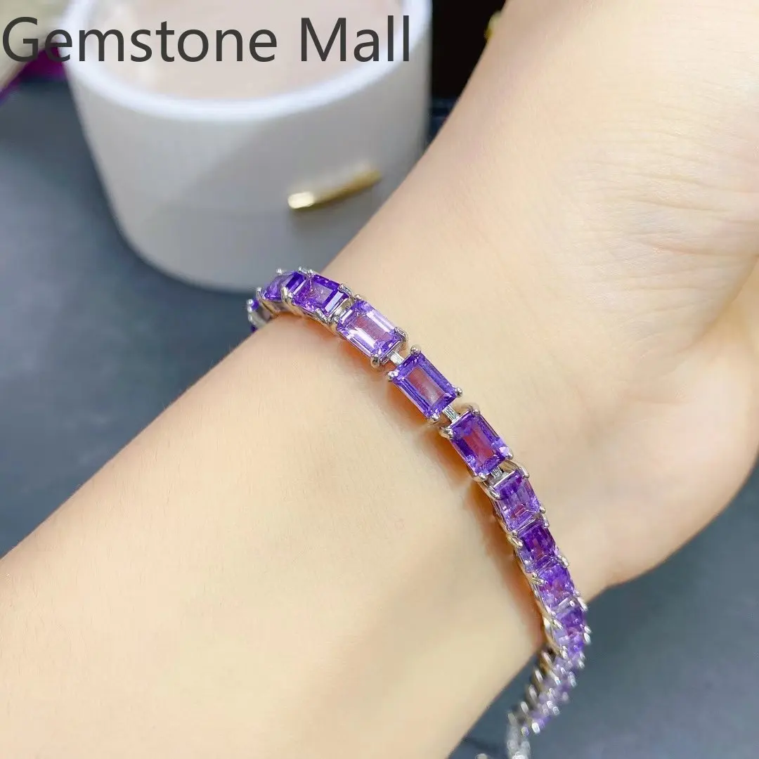 100% Natural Amethyst Bracelet 4mm*6mm 20 Pieces Total 11ct Amethyst Jewelry 925 Silver Crystal Bracelet Gift for Woman