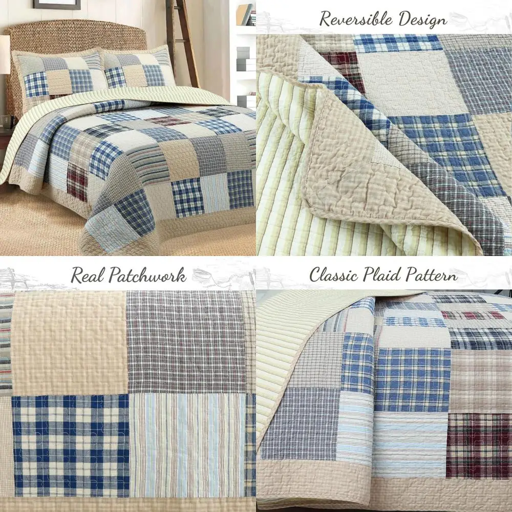 

Двусторонний комплект одеял из 100% хлопка в стиле пэчворк в классическом клетку тартан для постельного белья в деревенском стиле в фермерском доме