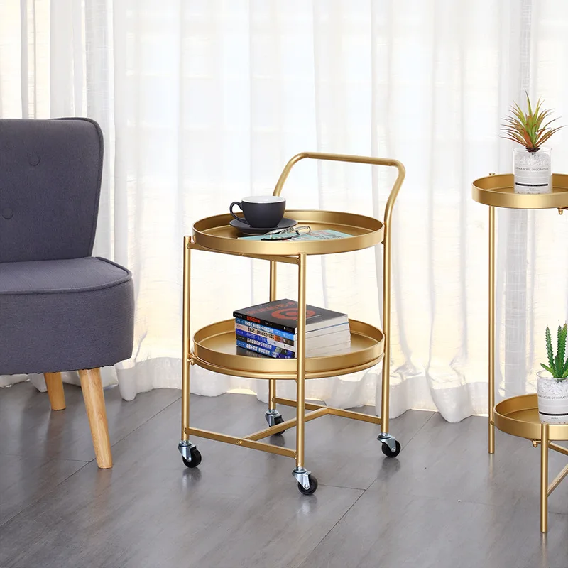 Variable speed universal wheel Nordic iron double layer cart tea table with smooth curved surface and multifunctional corner