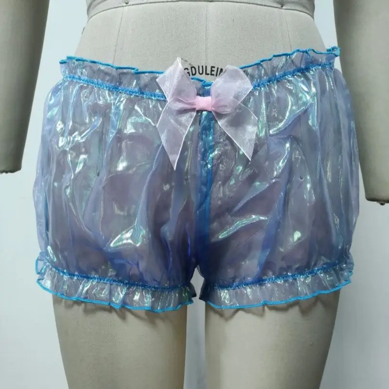 Women Sexy See Through Holographic Shiny Bloomer Shorts Sweet Organza Bow Ruffle Trim Couple Lounge Home Puff Shorts