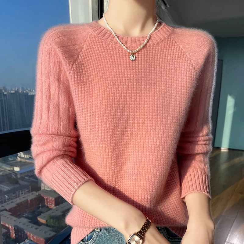 Women\'s sweater in autumn and winter O-neck long sleeve 100% merino wool pullover leisure padded cashmere sweater Korean style