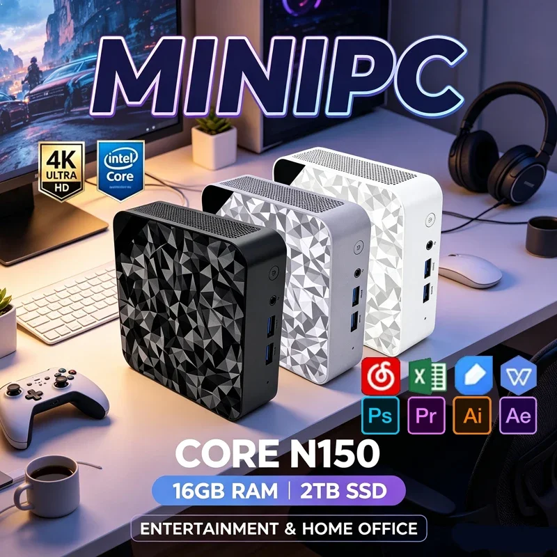 High Performance Intel N150 Colorful Mini PC Win11 16GB 1/2TB SSD WiFi6 BT5.2 4K Pocket PC for Business & Graphic Design