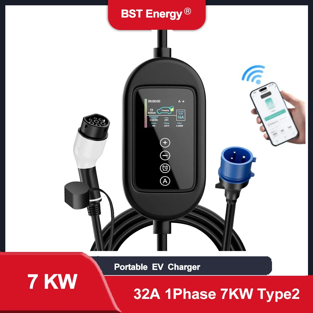 

7 кВт, 32 А, 1 фаза, портативное зарядное устройство для электромобиля, тип 2 IEC62196-2, зарядный кабель, вилка европейского стандарта, зарядная станция для электромобилей, электрическое зарядное устройство EVSE