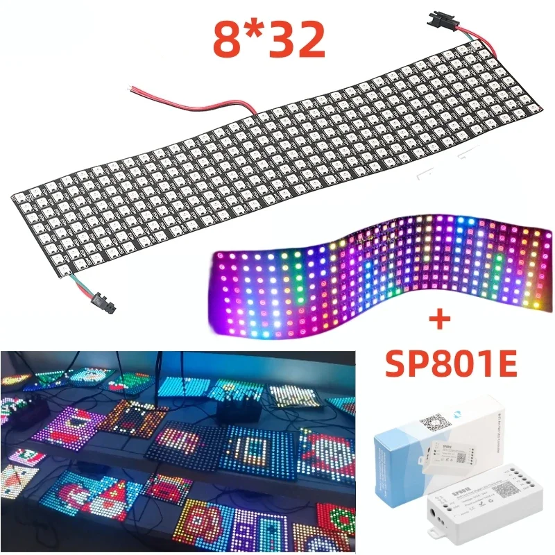 

DC5V WS2812B RGB LED Pixel Panel Light 8x8 16x16 8x32 Digital Flexible Screen Individually Addressable SP801E Led Controller Kit