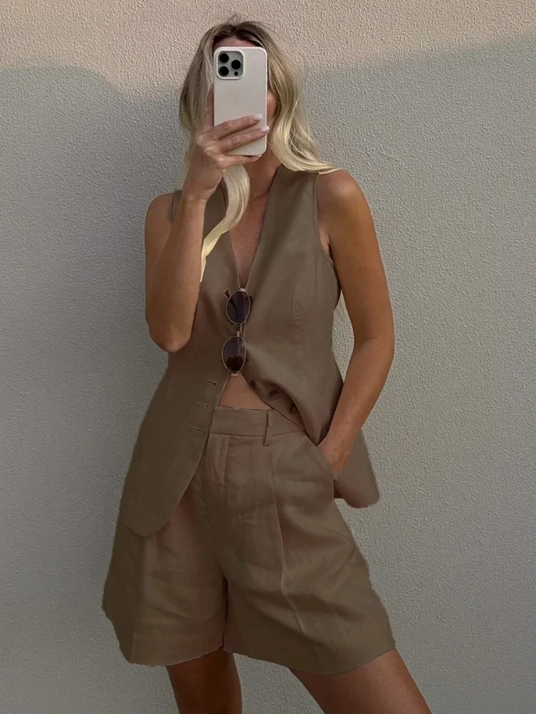

Cotton and Linen Chic Casual Vest Shorts Set Women Summer New Fashion Commuter Sleeveless Single Breasted Tank Top Shorts Suits