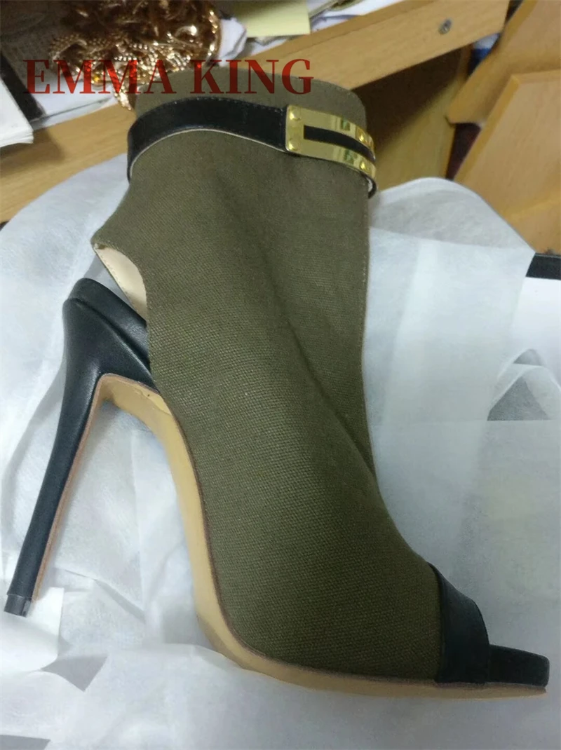 الجيش الأخضر قماش حذاء من الجلد مثير خنجر الكعوب الذهب مشبك معدني ديكور أحذية بوت قصيرة الجانب سستة المفتوحة تو رقيقة أحذية عالية الكعب