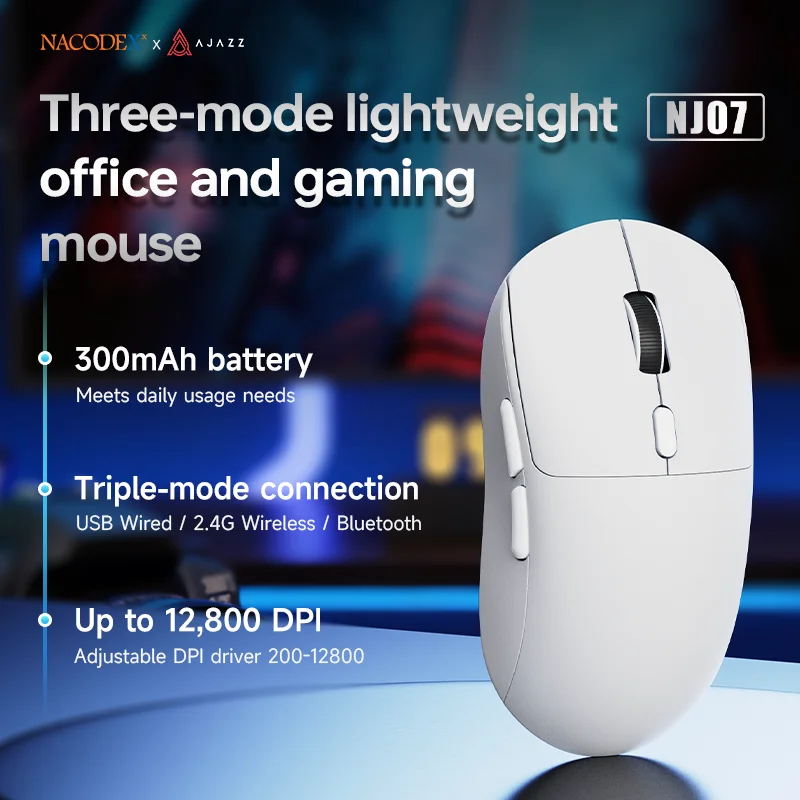AJAZZ NJ07 Draadloze Gaming Muis, 59g Lichtgewicht, Pixart Sensor PAW3311, 6 DPI tot 12K, 2.4G/USB-C Bedrade PC Muis voor Gamers