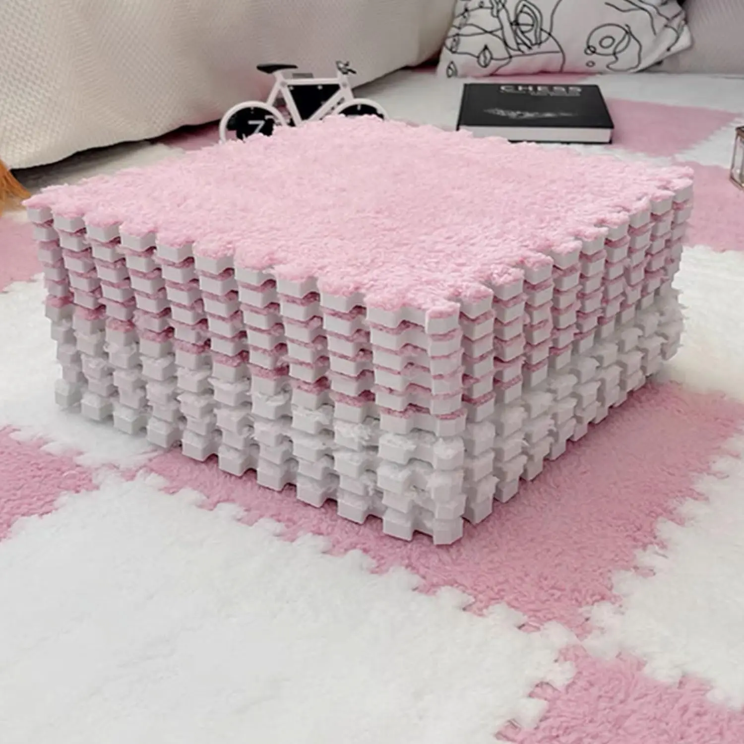 5-20 Pcs Plush Puzzle Foam Floor Mat, Soft Fluffy Interlocking Square Foam Tiles Area Rugs Carpet for Parlor Bedroom