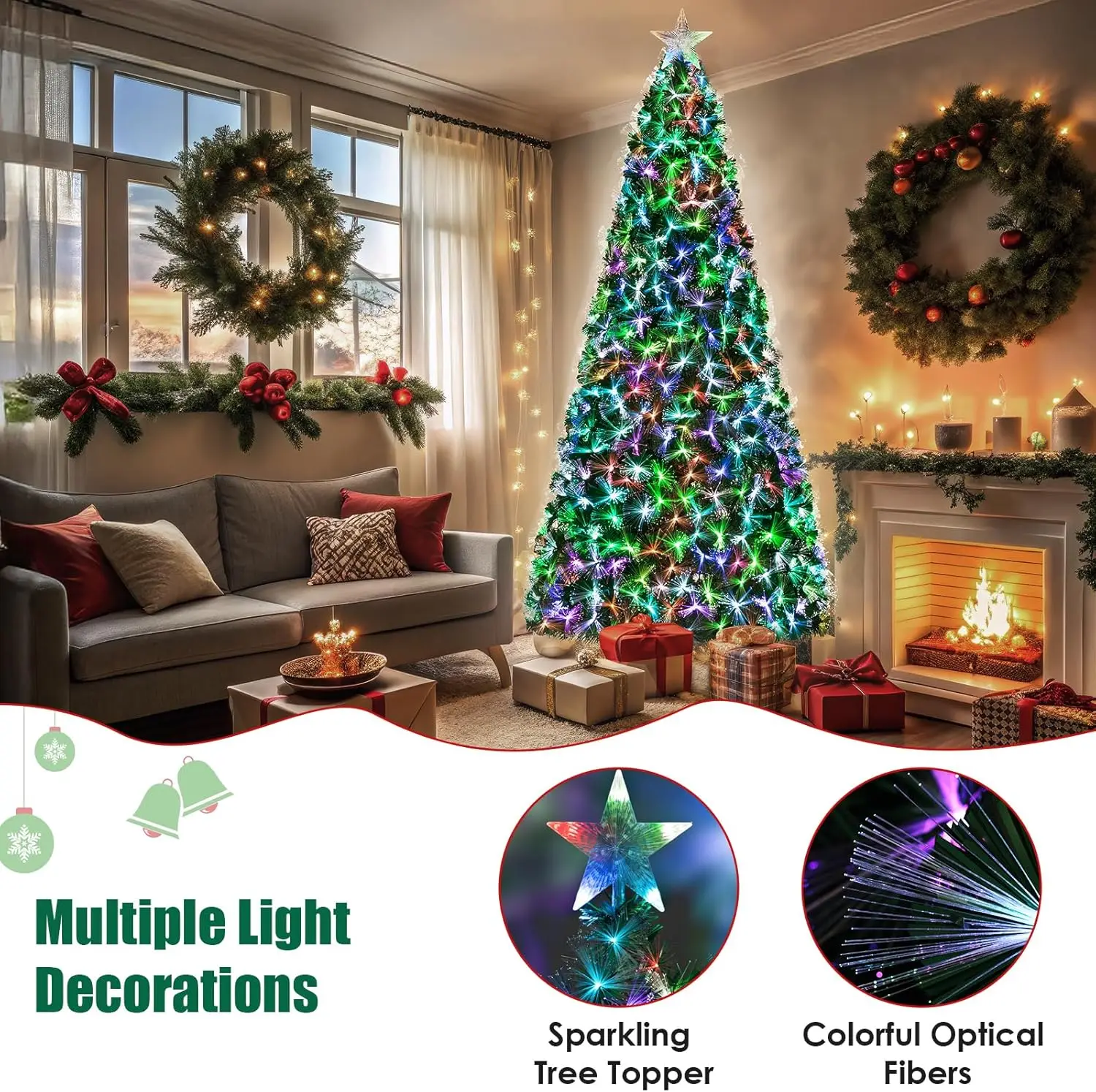 6-8-9-10ft Fiber Optic Christmas Tree, Pre-Lit Artificial Xmas Tree with Multicolor Changing Light, Top Star,Foldable Metal Base