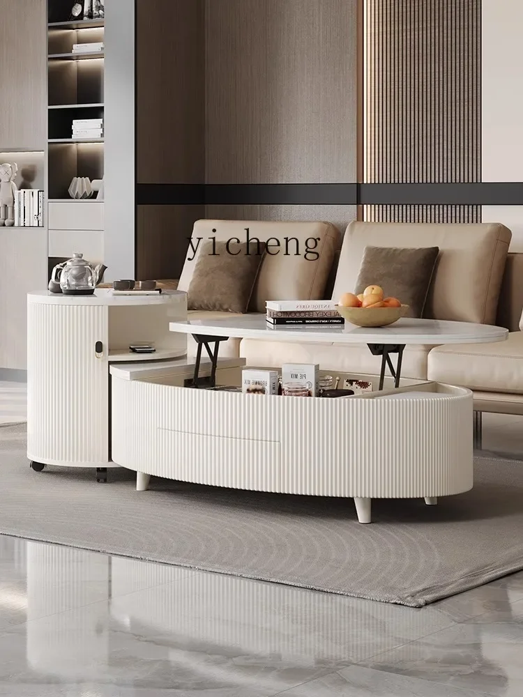 a1 Light Luxury round Mobile Stone Plate Tea Table Living Room Oval Coffee Table Home Kung Fu Tea Table