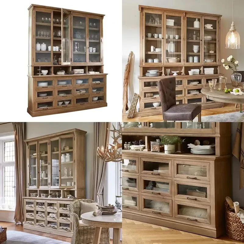 American Country Light Luxury Villa Living Room Solid Wood Carving Arched Glass Door Wine Cabinet
