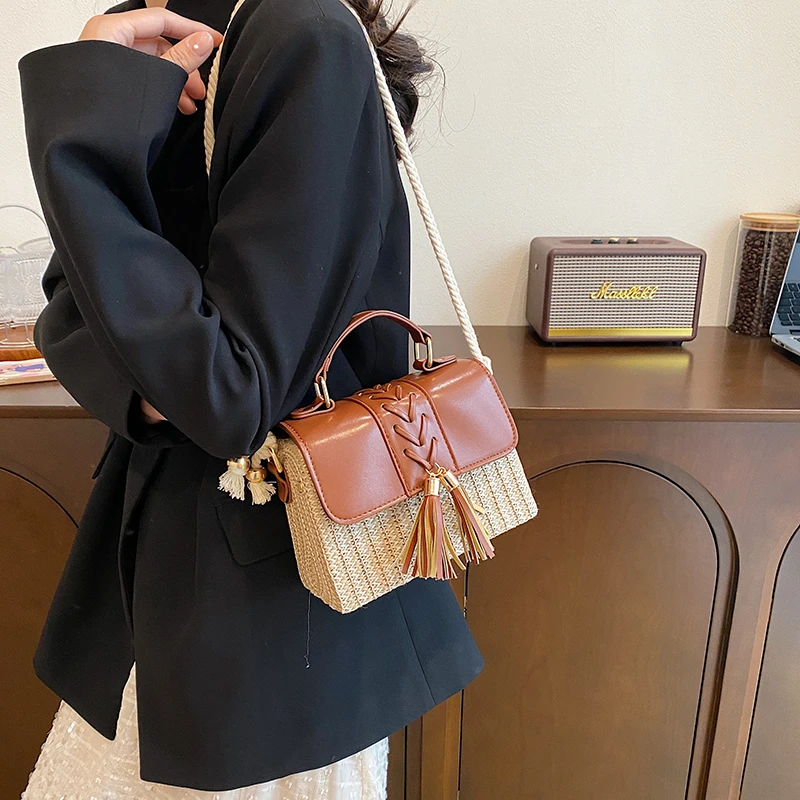 Strand Stroh Umhängetasche für Frauen neue Designer Boho Sommer tasche Pu Leder Handtasche und Geldbörse Reise Umhängetasche – Detail 7