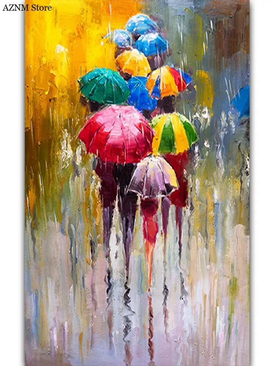 Lebendige bunte Regenschirm-Regen-Leinwandmalerei, Landschaft, Wandkunst, Poster für Wohnzimmer, Schlafzimmer und Heimdekoration