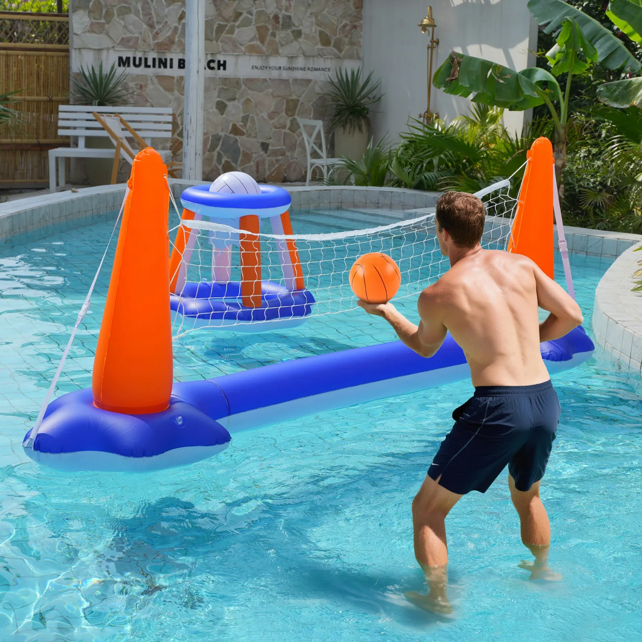 Aufblasbares Pool-Volleyball- und Basketball-Set – PVC-Wassersportspielzeug für Erwachsene, schwimmendes Netz und Korb, Poolspiele, Sommerspaß
