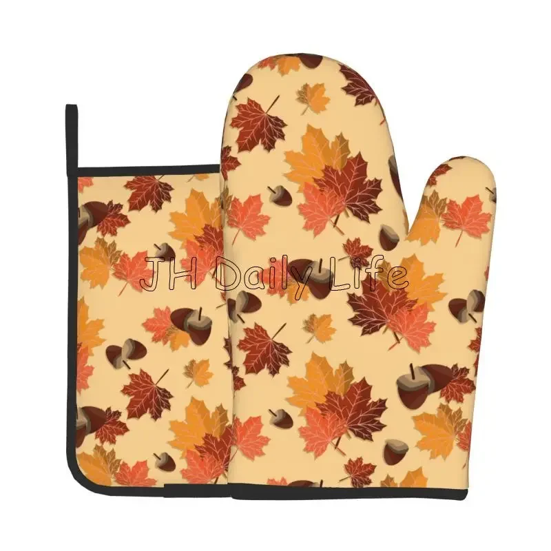 

Fall Harvest Autumn Seasonal Leave Leaf Oven Mitt and Pot Holders 2 Piece Set Non-Slip BBQ Gloves for Kitchen Cooking Baking BBQ