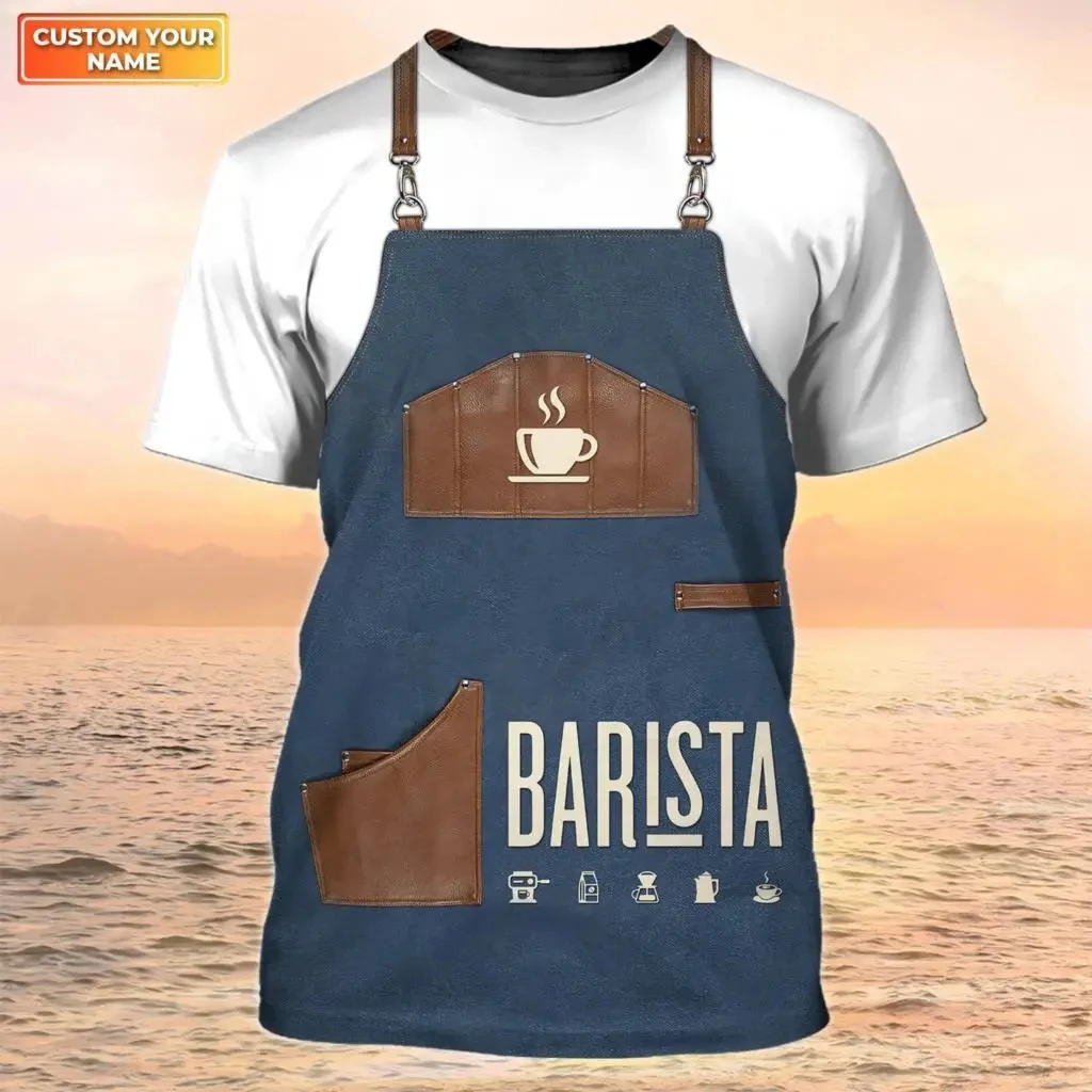 Fashionable New Personalized Coffee Shop Uniform Men\'s T-shirt Barista Summer Casual Comfortable Round Neck Short Sleeved
