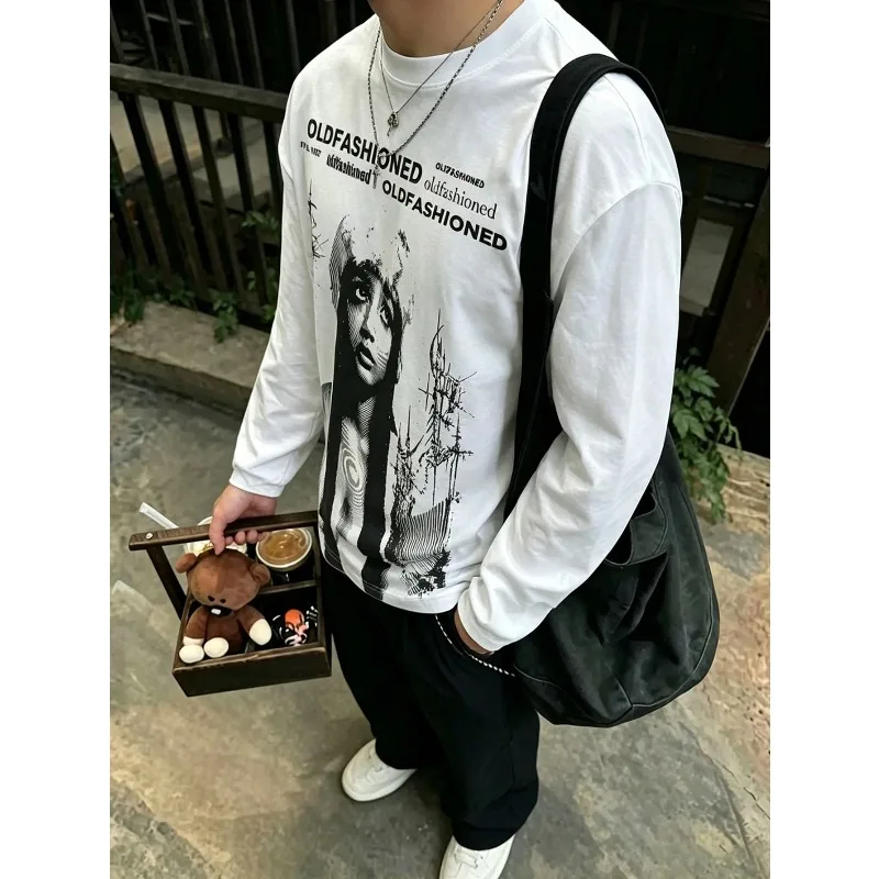 Men's Casual Streetwear Pattern Figure T-shirt Punk Aesthetics Y2K T-shirt Suitable for All Seasons Unisex Long Sleeved T-shirt
