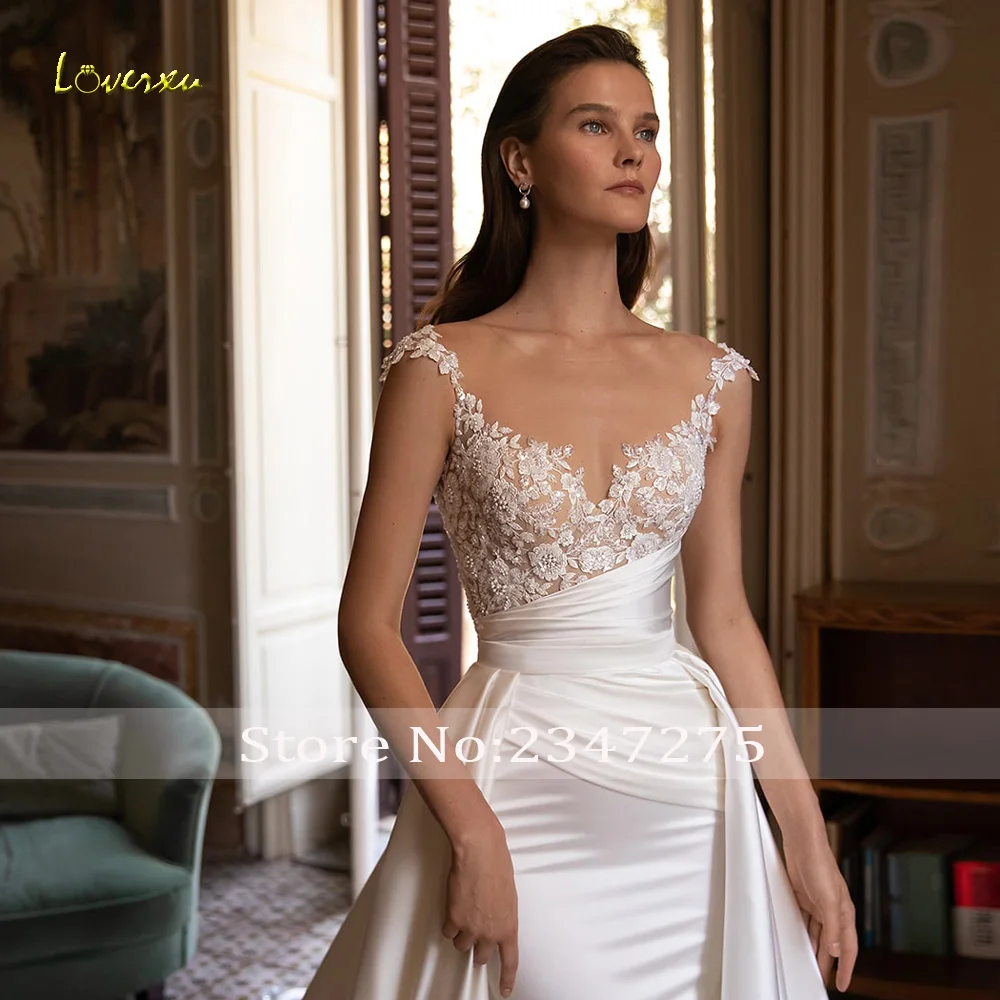 Loverxu abiti da sposa a sirena 2024 o-collo manica con cappuccio treno staccabile Vestido De Novia Appliques con perline abito di raso De Mariee