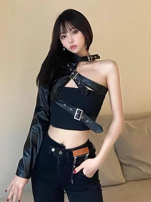 Cisas tema Cool Street Sle motocicleta danza cuero Jaet mujer alta Faion ort PU abrigo de cuero diseño asimétrico